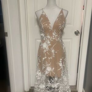 Beige cocktail dress with lace overlay